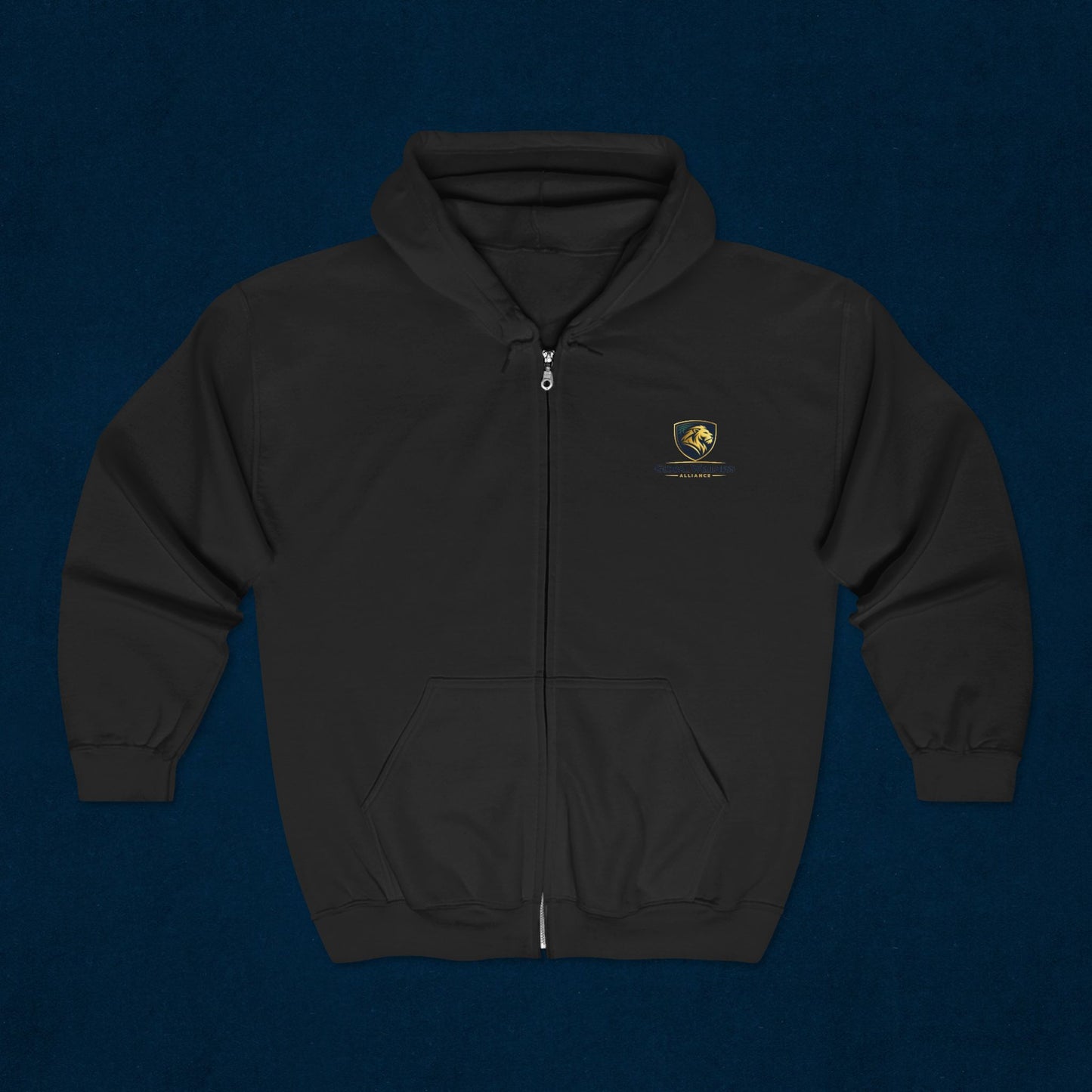 Full-Zip Hoodie with Small Crest Logo - Classic Black Zip-Up Sweatshirt