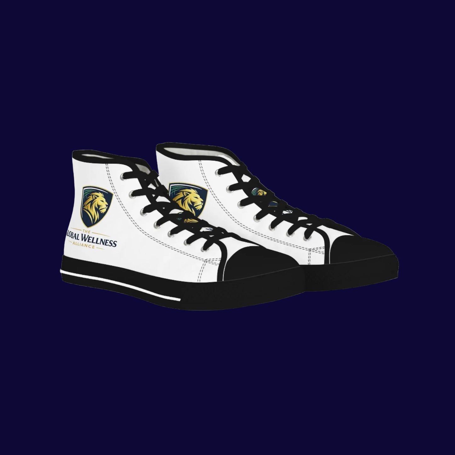 High Top Sneakers — White Leather Athletic Shoes with Gold Lion Logo