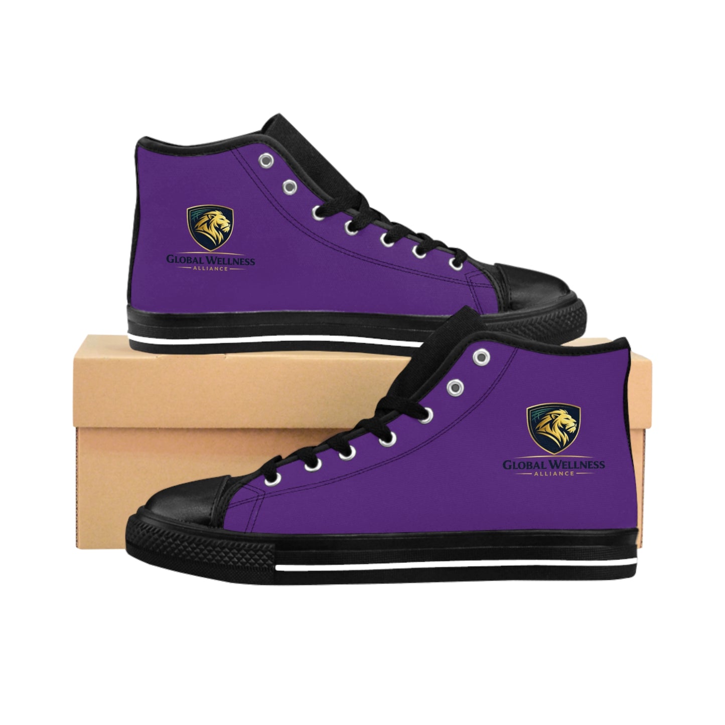 Purple High-Top Sneakers with Gold Lion Crest – Men's Classic Sneakers