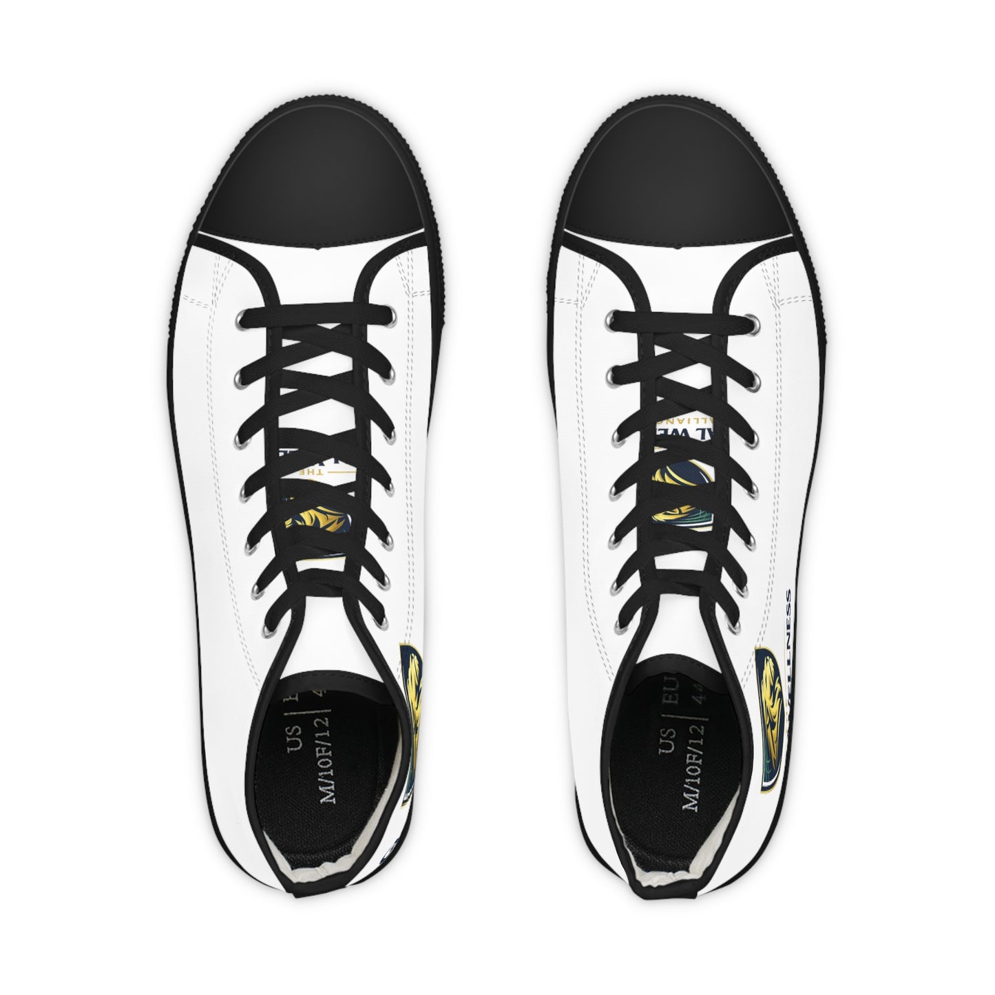 High Top Sneakers — White Leather Athletic Shoes with Gold Lion Logo