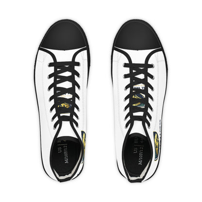 High Top Sneakers — White Leather Athletic Shoes with Gold Lion Logo