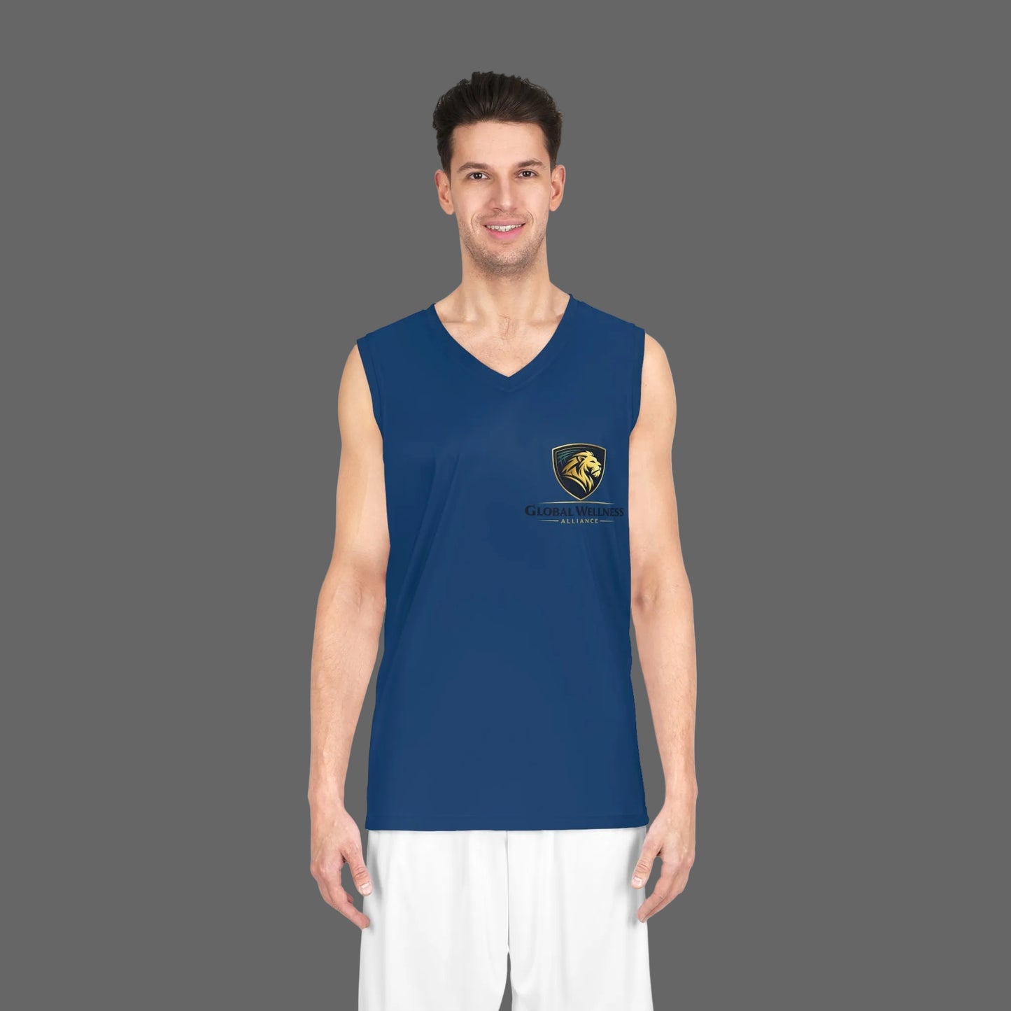 Navy Team Basketball Jersey with Gold Lion Crest — Custom Athletic Tank Top