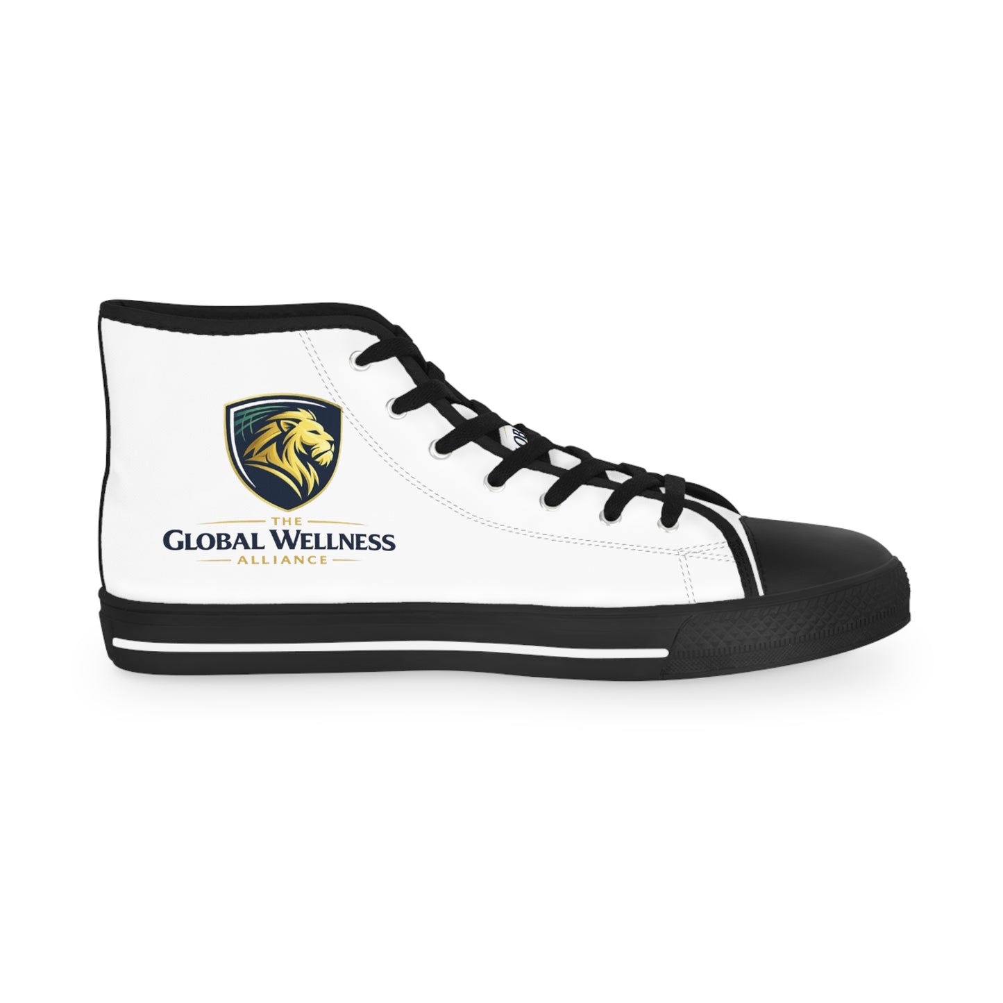 High Top Sneakers — White Leather Athletic Shoes with Gold Lion Logo
