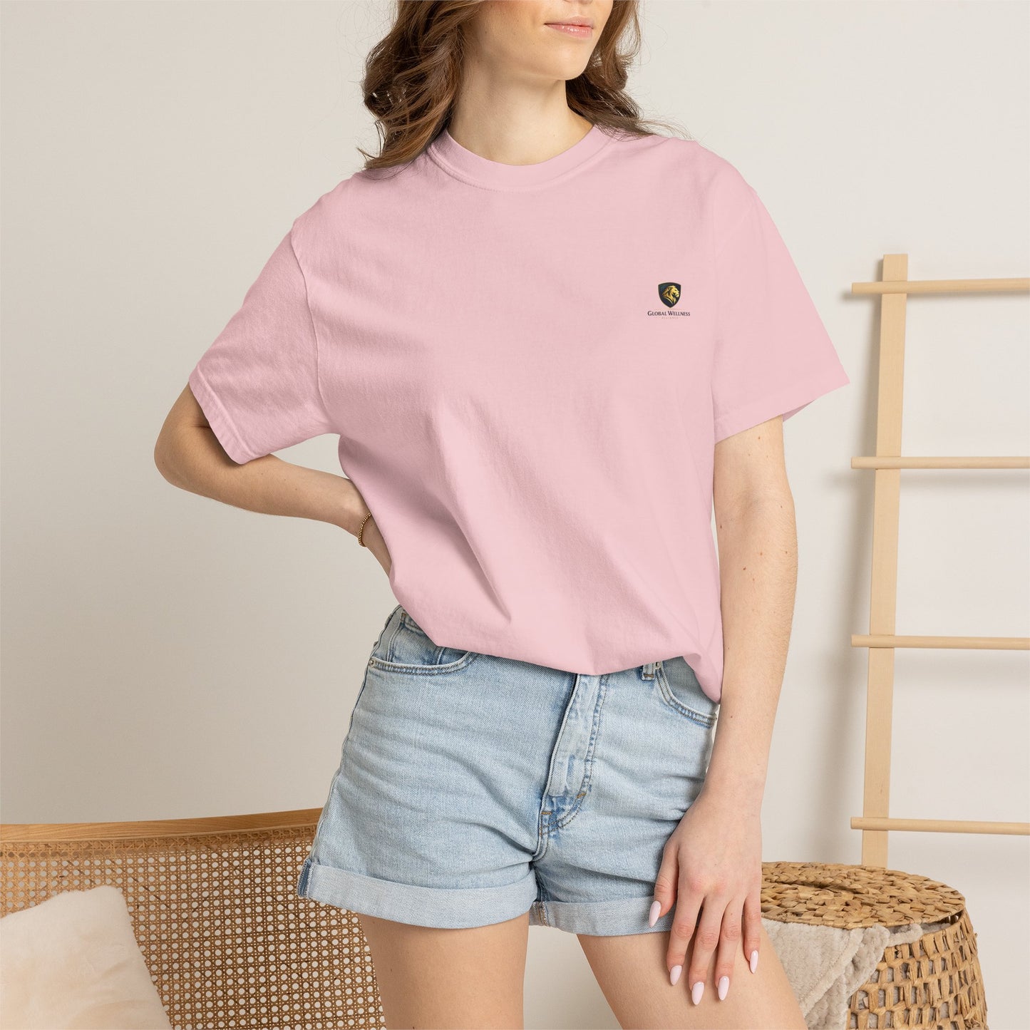 Minimal Cream T‑Shirt with Small Shield Logo — Casual Everyday Tee